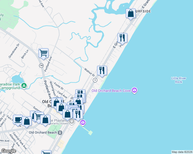 map of restaurants, bars, coffee shops, grocery stores, and more near 6 Walnut Street in Old Orchard Beach