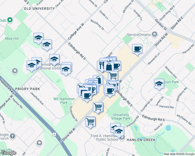 map of restaurants, bars, coffee shops, grocery stores, and more near  in Guelph