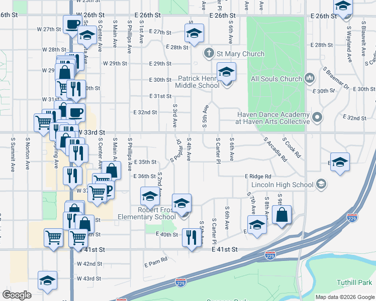 map of restaurants, bars, coffee shops, grocery stores, and more near 401-499 E 34th St in Sioux Falls
