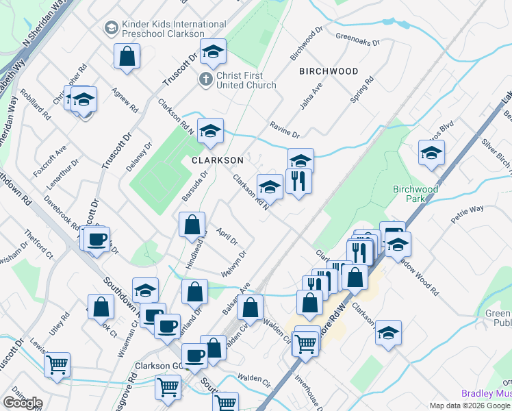 map of restaurants, bars, coffee shops, grocery stores, and more near 1220 Clarkson Road North in Mississauga
