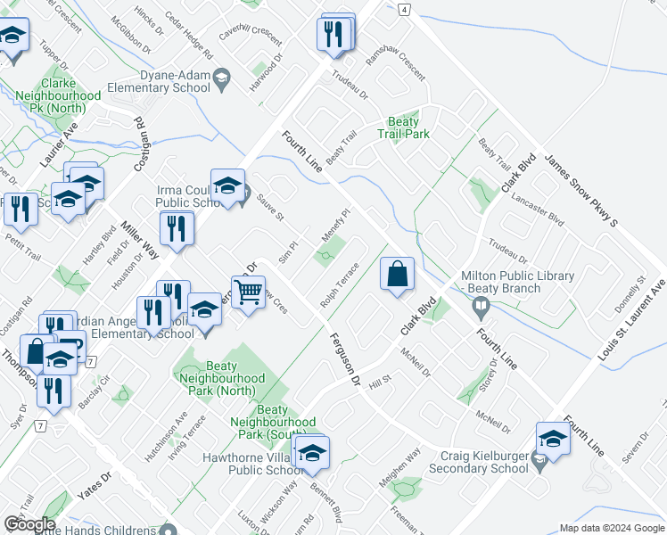 map of restaurants, bars, coffee shops, grocery stores, and more near 1312 Rolph Terrace in Milton