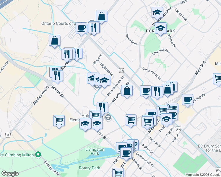 map of restaurants, bars, coffee shops, grocery stores, and more near 375 Mountainview Drive in Milton