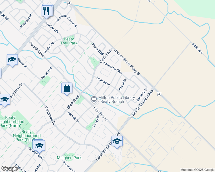map of restaurants, bars, coffee shops, grocery stores, and more near 1576 Jarvie Crescent in Milton