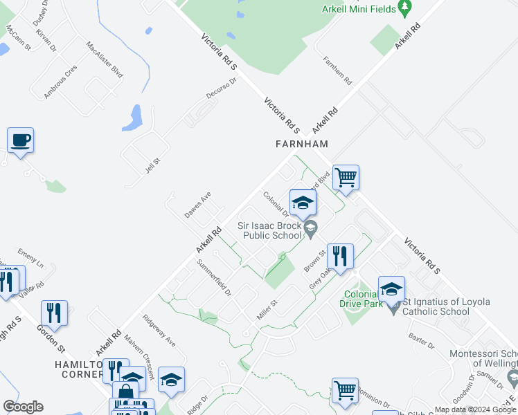map of restaurants, bars, coffee shops, grocery stores, and more near 64 Hasler Crescent in Guelph