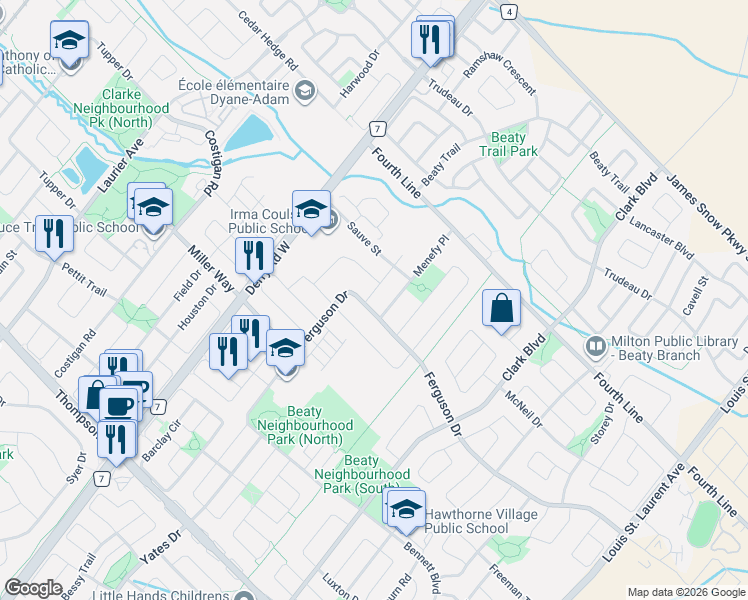 map of restaurants, bars, coffee shops, grocery stores, and more near 1264 Sim Place in Milton