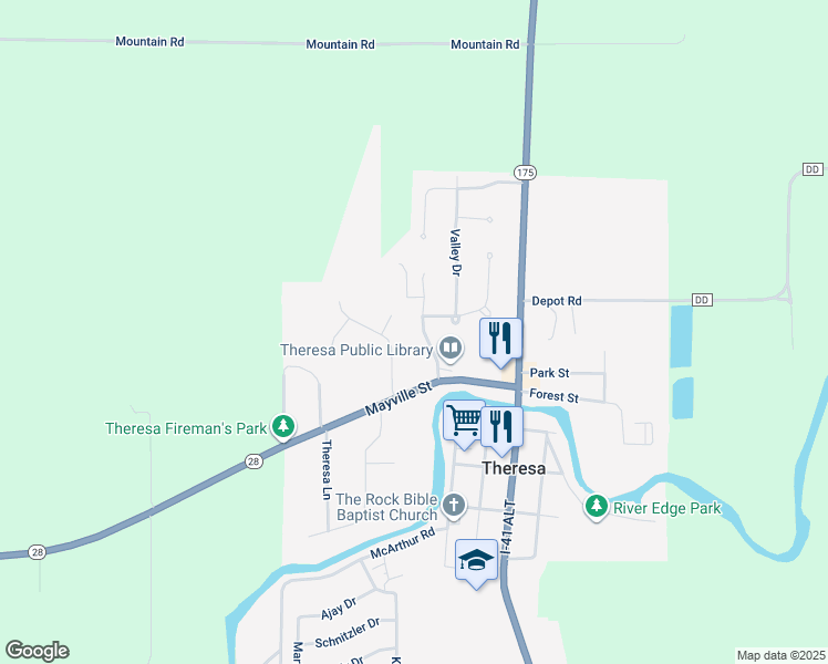 map of restaurants, bars, coffee shops, grocery stores, and more near 205 Willow Lane in Theresa