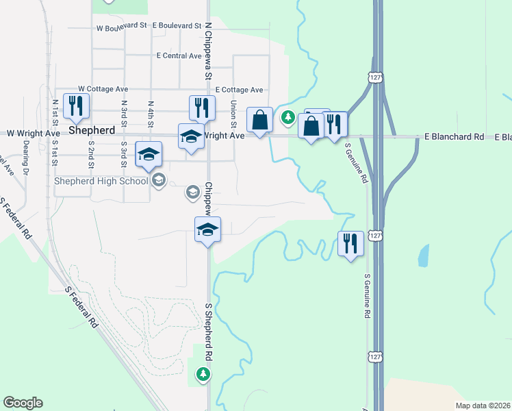 map of restaurants, bars, coffee shops, grocery stores, and more near Red Maple Ln in Shepherd