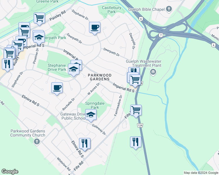 map of restaurants, bars, coffee shops, grocery stores, and more near 103 Fairmeadow Drive in Guelph