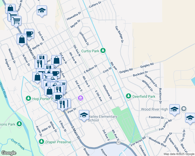 map of restaurants, bars, coffee shops, grocery stores, and more near 201-499 Eureka Dr in Hailey