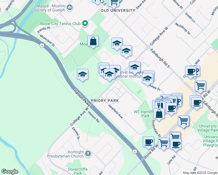 map of restaurants, bars, coffee shops, grocery stores, and more near in Guelph