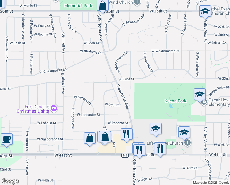 map of restaurants, bars, coffee shops, grocery stores, and more near 2599 South Rough Rider Drive in Sioux Falls
