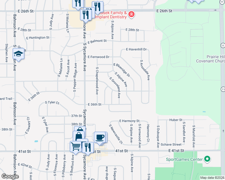 map of restaurants, bars, coffee shops, grocery stores, and more near 2600 South Maywood Drive in Sioux Falls