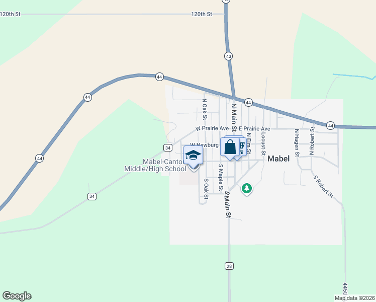 map of restaurants, bars, coffee shops, grocery stores, and more near 115 North Cedar Street in Mabel