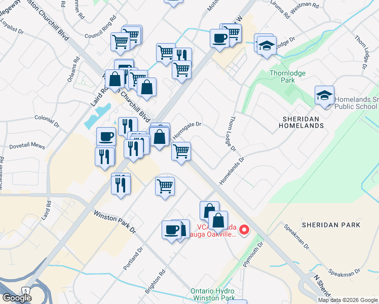 map of restaurants, bars, coffee shops, grocery stores, and more near 2750 Barnstone Crescent in Mississauga
