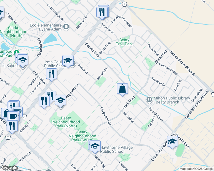 map of restaurants, bars, coffee shops, grocery stores, and more near 1312 Rolph Terrace in Milton