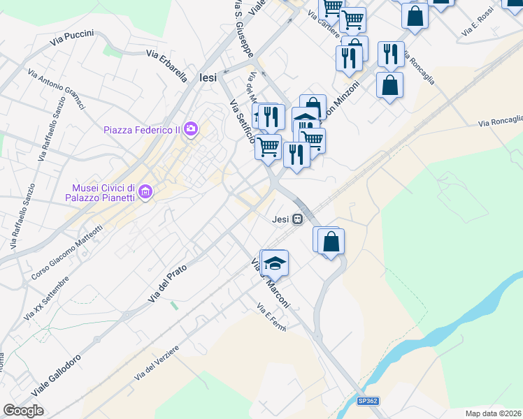 map of restaurants, bars, coffee shops, grocery stores, and more near 20 Viale Trieste in Jesi