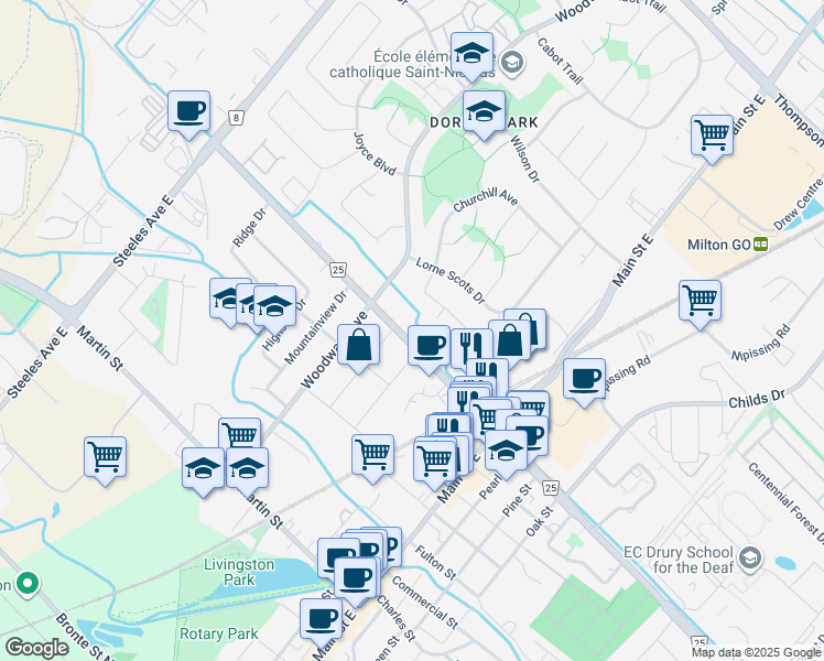 map of restaurants, bars, coffee shops, grocery stores, and more near 135 Ontario Street North in Milton