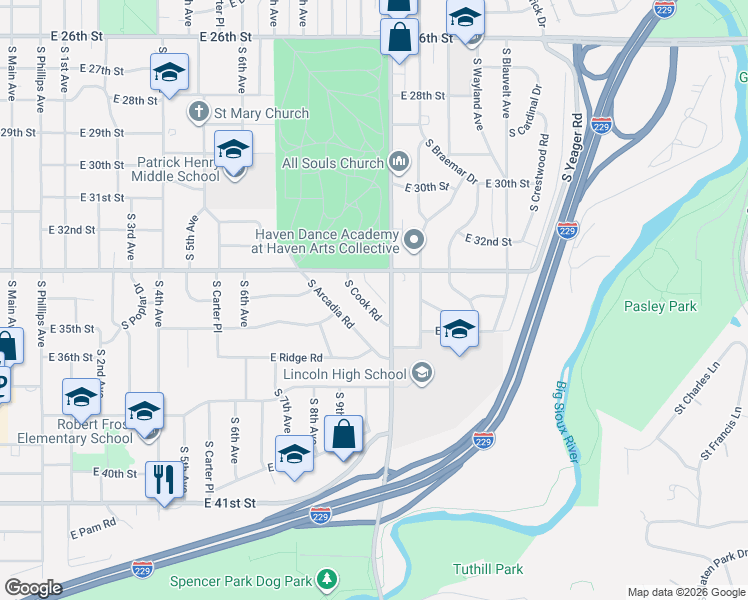 map of restaurants, bars, coffee shops, grocery stores, and more near 2603 South Cook Road in Sioux Falls