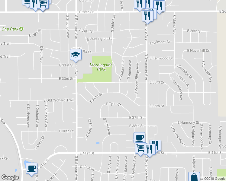 map of restaurants, bars, coffee shops, grocery stores, and more near 4104 East 36th Street in Sioux Falls
