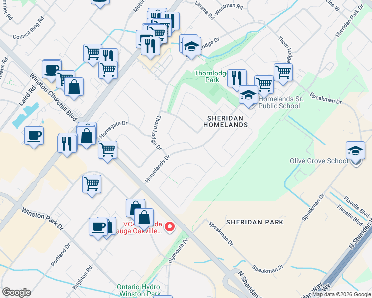 map of restaurants, bars, coffee shops, grocery stores, and more near 2580 Homelands Drive in Mississauga