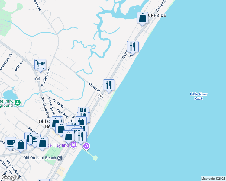 map of restaurants, bars, coffee shops, grocery stores, and more near 2 Roussin Street in Old Orchard Beach