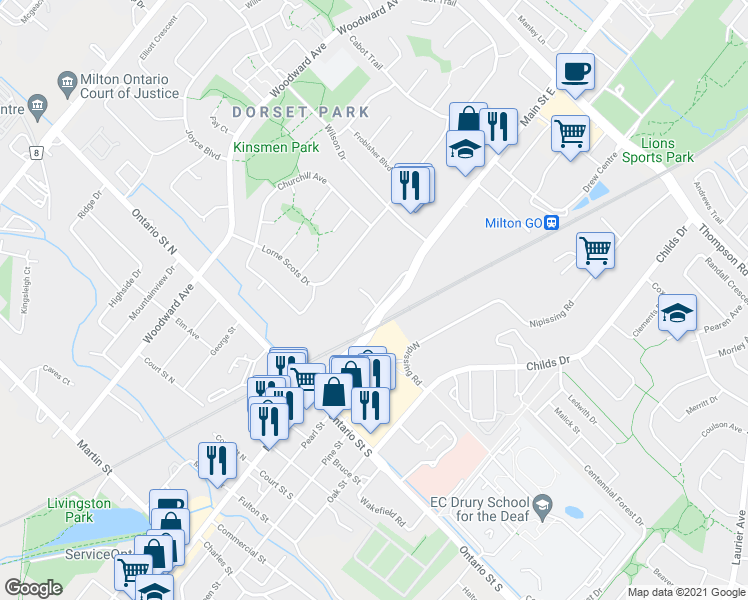 map of restaurants, bars, coffee shops, grocery stores, and more near 583 Main Street East in Milton
