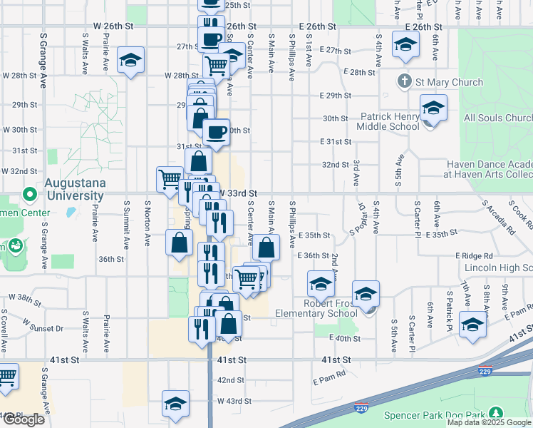 map of restaurants, bars, coffee shops, grocery stores, and more near 2807 South Main Avenue in Sioux Falls