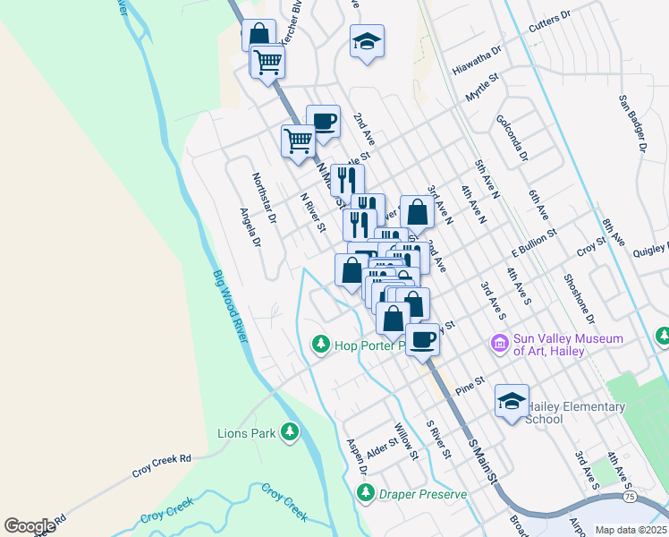 map of restaurants, bars, coffee shops, grocery stores, and more near 223-299 North River Street in Hailey