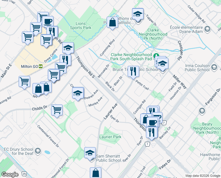 map of restaurants, bars, coffee shops, grocery stores, and more near 352 Black Drive in Milton