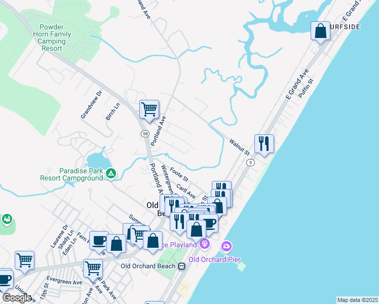 map of restaurants, bars, coffee shops, grocery stores, and more near 15 Smith Avenue in Old Orchard Beach