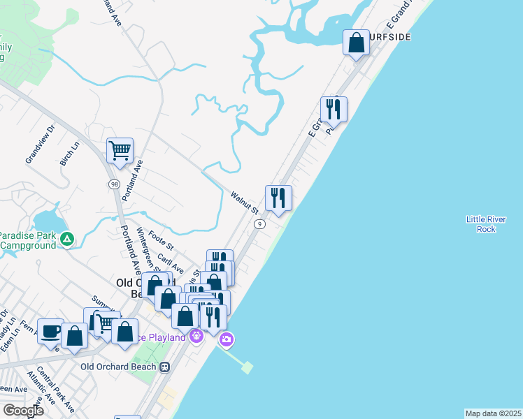 map of restaurants, bars, coffee shops, grocery stores, and more near 6 Walnut Street in Old Orchard Beach