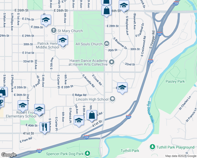 map of restaurants, bars, coffee shops, grocery stores, and more near 2603 South Cook Road in Sioux Falls