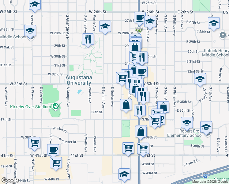 map of restaurants, bars, coffee shops, grocery stores, and more near 2606 South Norton Avenue in Sioux Falls
