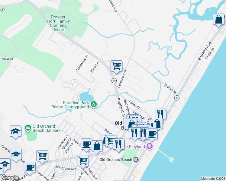 map of restaurants, bars, coffee shops, grocery stores, and more near 4 Greystone Drive in Old Orchard Beach