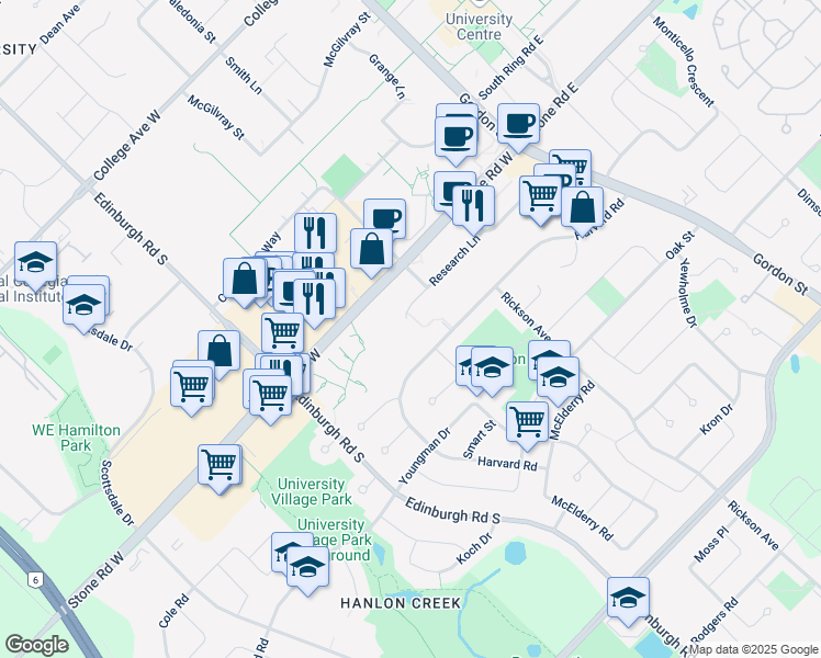 map of restaurants, bars, coffee shops, grocery stores, and more near 160 Research Lane in Guelph