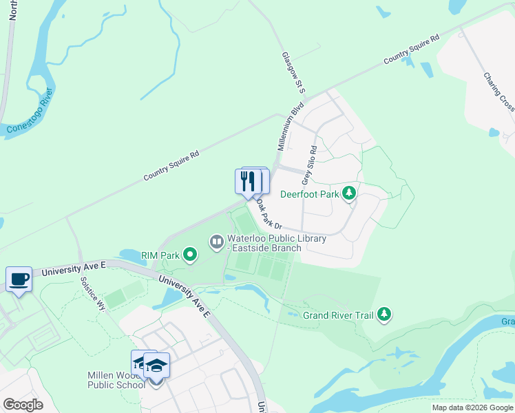 map of restaurants, bars, coffee shops, grocery stores, and more near 105 Oak Park Drive in Waterloo