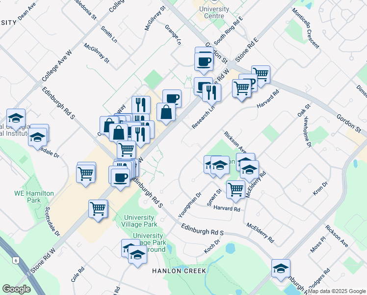 map of restaurants, bars, coffee shops, grocery stores, and more near 160 Research Lane in Guelph