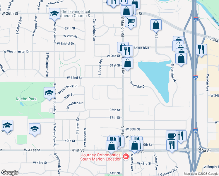 map of restaurants, bars, coffee shops, grocery stores, and more near 5328 West Pritchard Drive in Sioux Falls