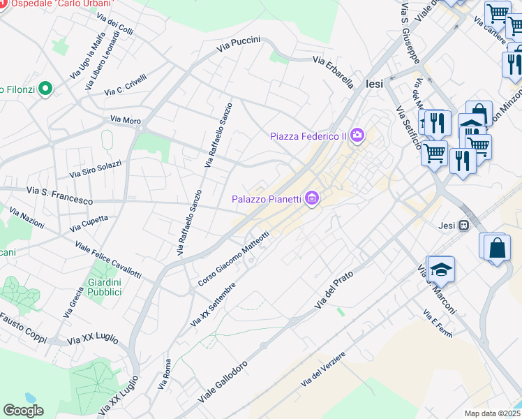 map of restaurants, bars, coffee shops, grocery stores, and more near 68 Viale della Vittoria in Jesi
