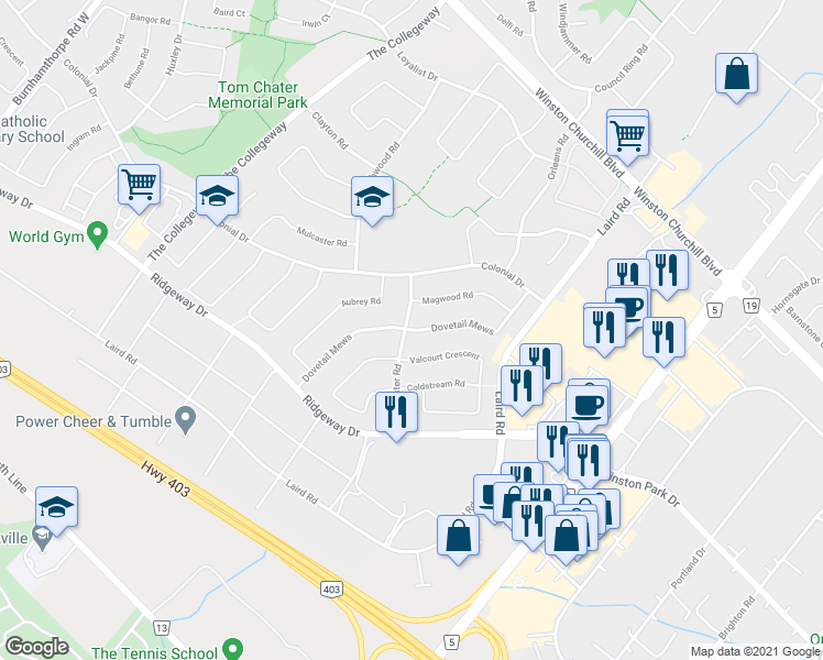 map of restaurants, bars, coffee shops, grocery stores, and more near Dovetail Mews in Mississauga