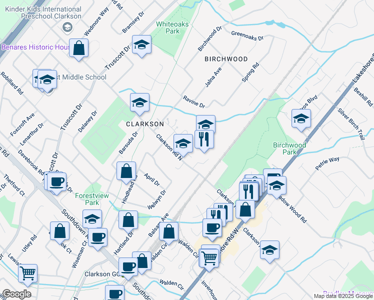 map of restaurants, bars, coffee shops, grocery stores, and more near 1205 Clarkson Road North in Mississauga