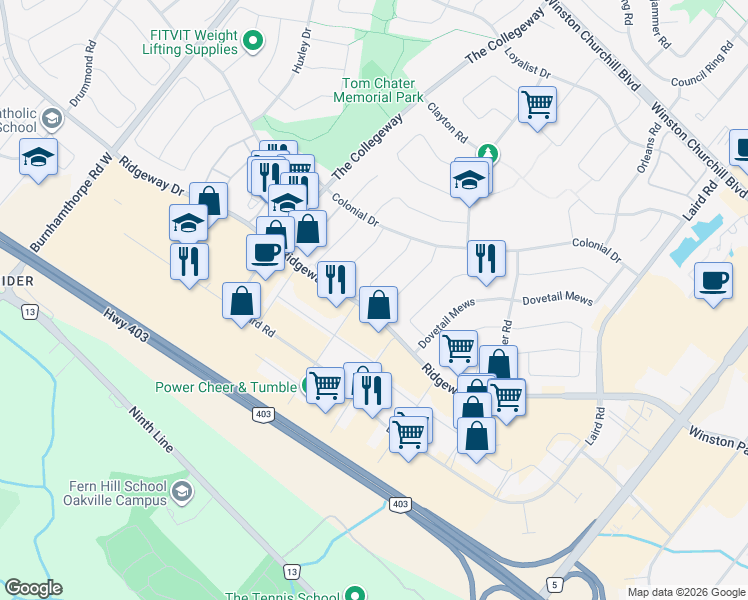 map of restaurants, bars, coffee shops, grocery stores, and more near 3515 Cherrington Crescent in Mississauga
