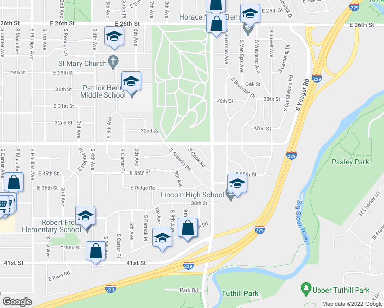 map of restaurants, bars, coffee shops, grocery stores, and more near 2511 South Cook Road in Sioux Falls