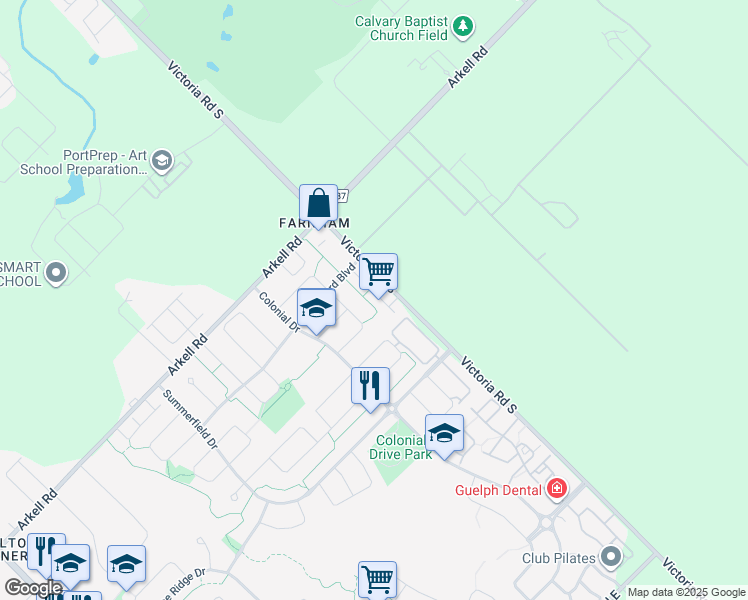 map of restaurants, bars, coffee shops, grocery stores, and more near 105 Bard Boulevard in Guelph