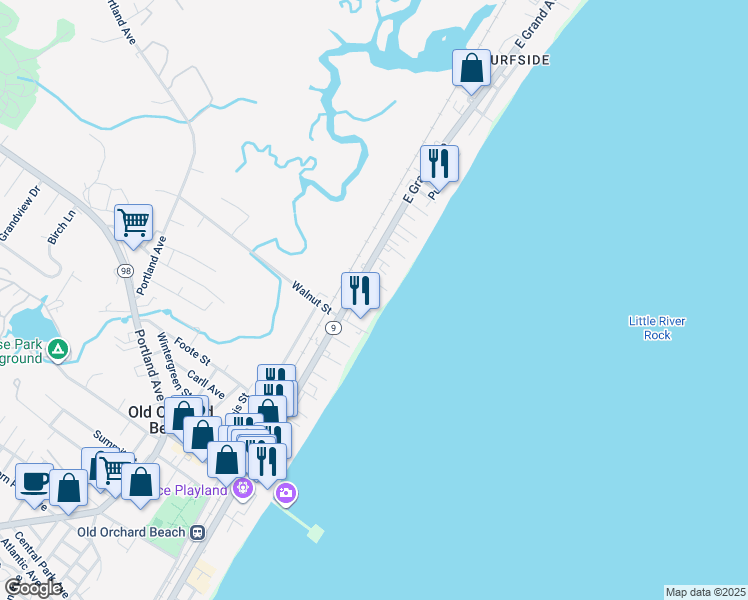 map of restaurants, bars, coffee shops, grocery stores, and more near 2 Roussin Street in Old Orchard Beach