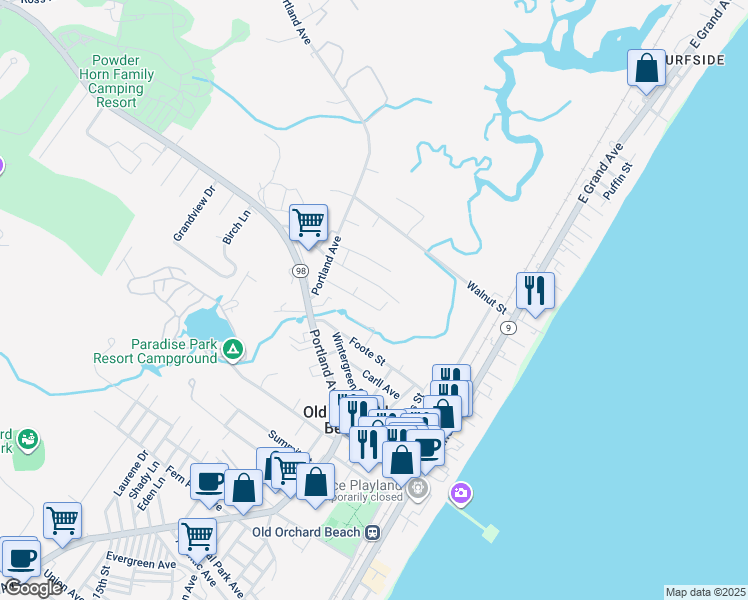 map of restaurants, bars, coffee shops, grocery stores, and more near 15 Smith Avenue in Old Orchard Beach