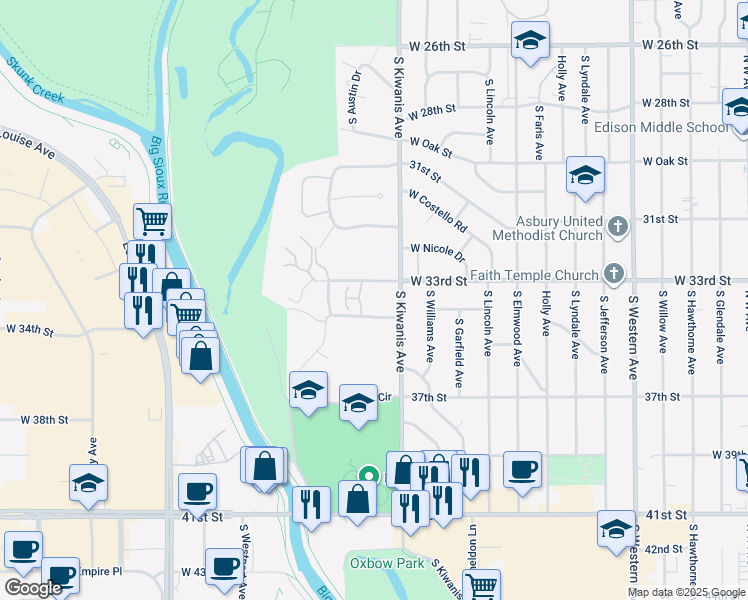 map of restaurants, bars, coffee shops, grocery stores, and more near 2609 South Kiwanis Avenue in Sioux Falls