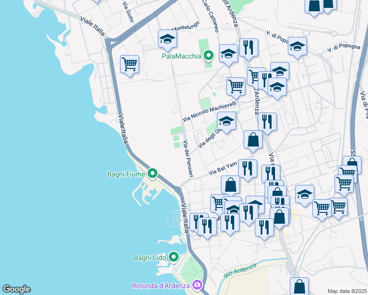 map of restaurants, bars, coffee shops, grocery stores, and more near 56 Via dei Pensieri in Livorno