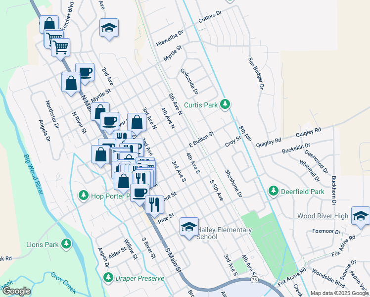 map of restaurants, bars, coffee shops, grocery stores, and more near 620 East Bullion Street in Hailey