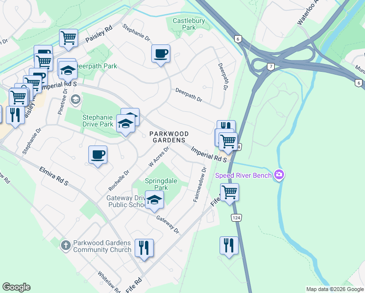 map of restaurants, bars, coffee shops, grocery stores, and more near 103 Fairmeadow Drive in Guelph